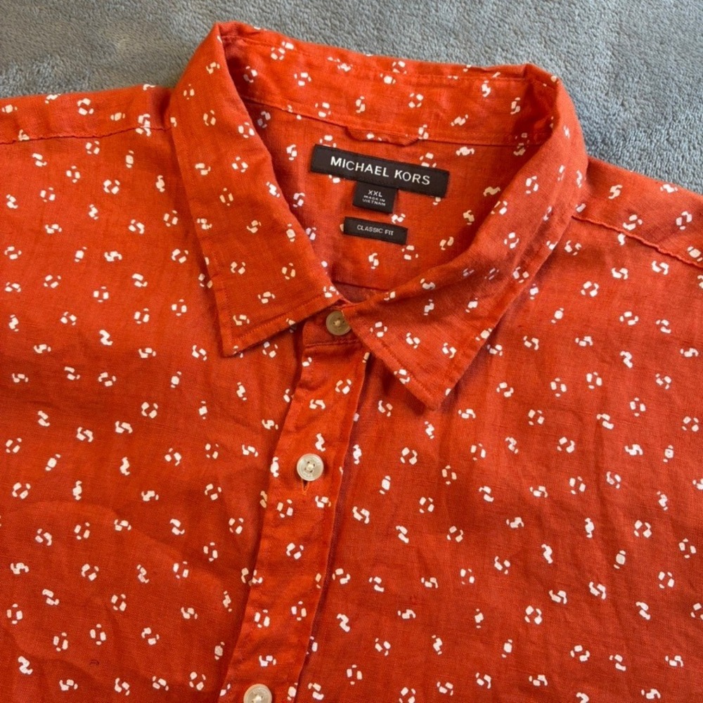 Michael Kors Mens XXL Burnt Orange 100% Linen Geometric Print Short Sleeve Shirt
